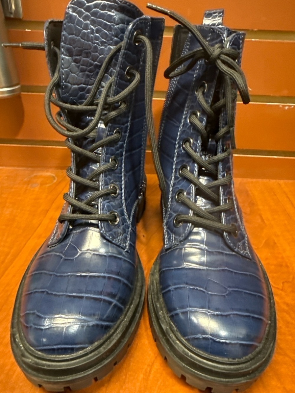 Nine West Blue Croc-Embossed Lace-Up Combat Boots - Picture 3 of 4